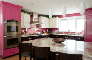 Pink Kitchen with tile backsplash