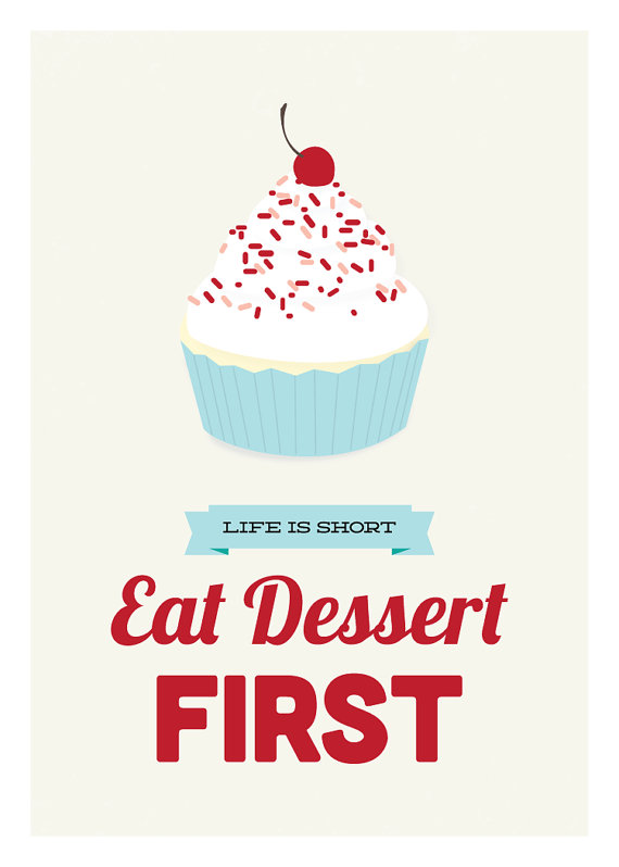 Eat Dessert First, kitchen art print, red & blue: 5 x 7 by Graphic Anthology