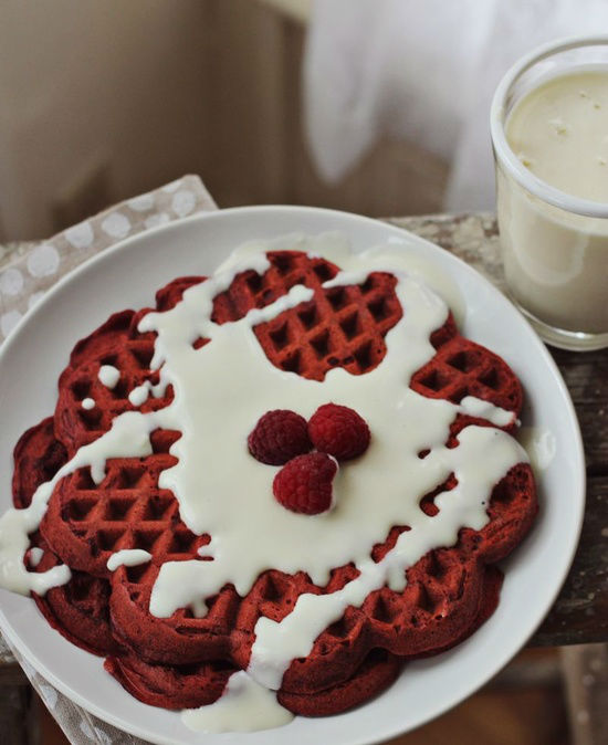 Red Velvet Waffles with Cream Cheese by A Beautiful Mess