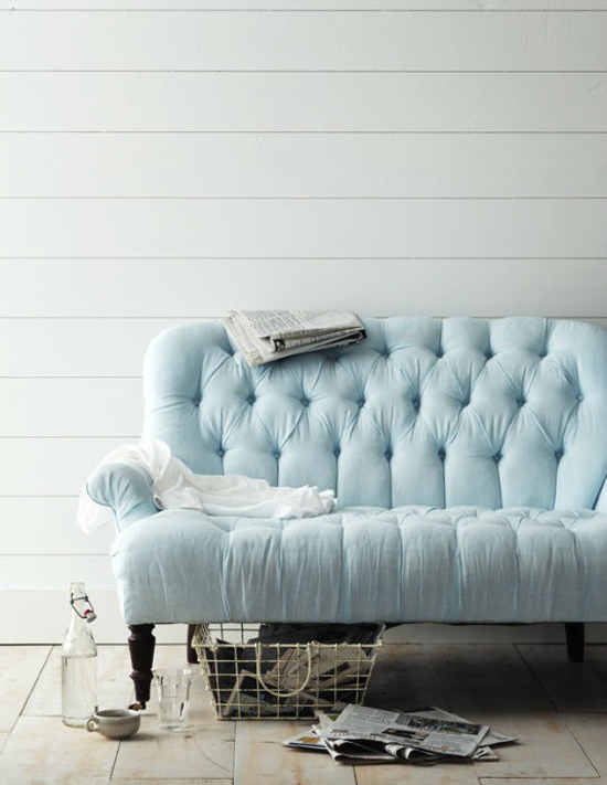 Blue Tufted Settee by Juell Photography