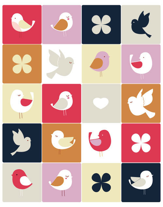 Original Illustration of cute modern birds Birdie Squares - by yumiyumi
