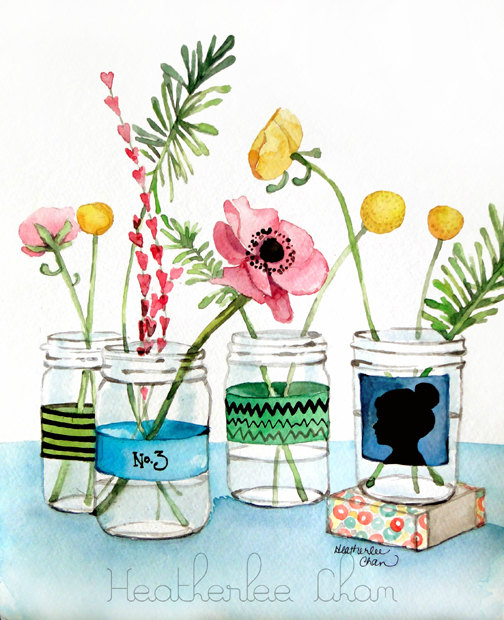 Watercolor Flower Painting Mason Jars Cameo Print - Heatherlee Chan