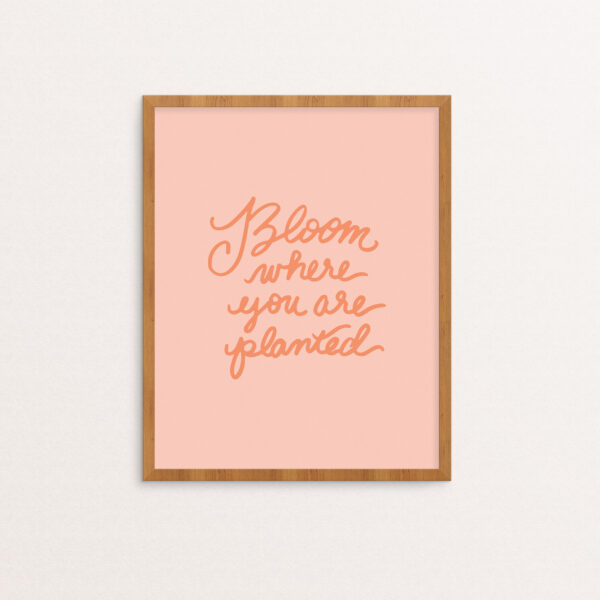 Bllom Where You Are Planted handlettered in Coral on Blush background