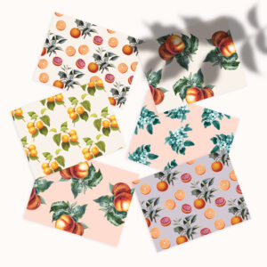 Images of six botanical pattern notecards include ciitrus fruit, peaches, apricots, and cherry blossoms.