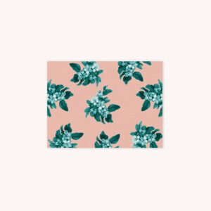Notecard featuring cherry blossom botanical illustration in green pattern on blush background