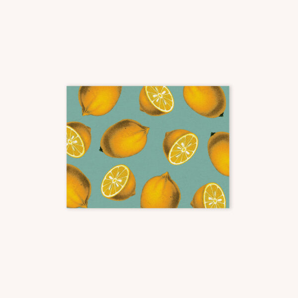 Sliced and whole lemon illustration pattern card on green background