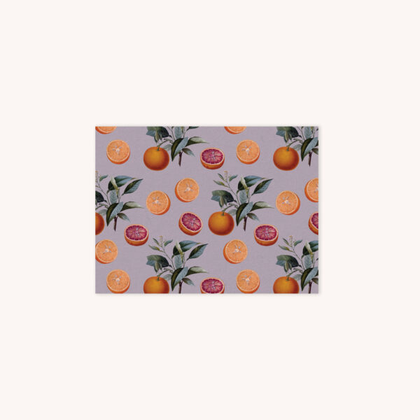 Notecard featuring orange botanical illustration pattern on lavender background