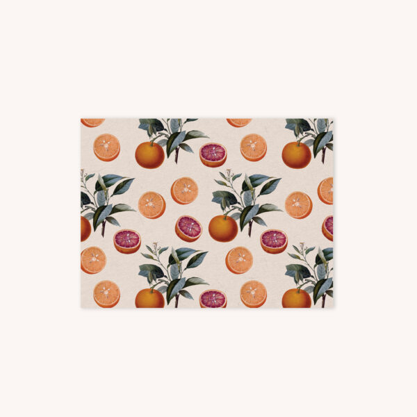 Notecard featuring orange botanical illustration pattern with sand color background