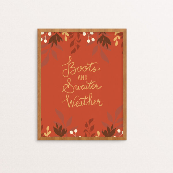 Boots and Sweater Weather handlettered in yellow on a rooster red background surrounded by fall florals