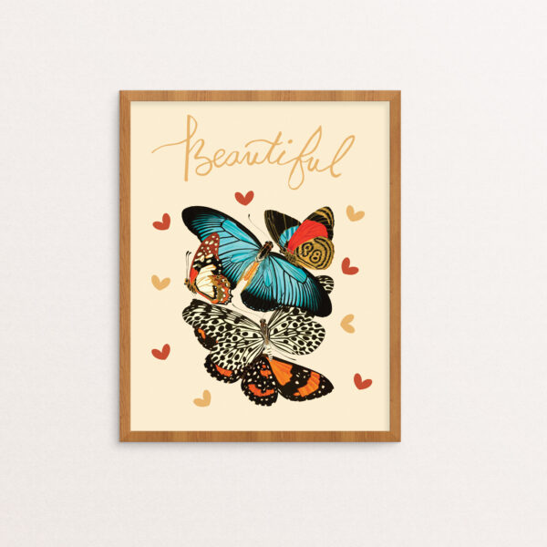 The word beautiful handlettered above a vintage botanical illustration of butterflies surrounded by hearts