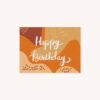 Happy Birthday handelletered in white onpumpkin yellow, cocoa, and dandelion abstract background