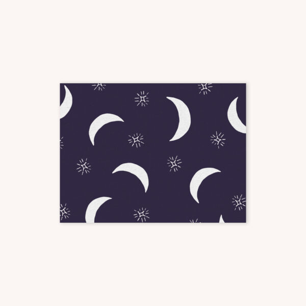 Purple notecard featuring white moons and sparkles