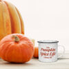 Pumpkin Spice Life Chose Me Speckle Mug on Wooden Top with three pumpkins
