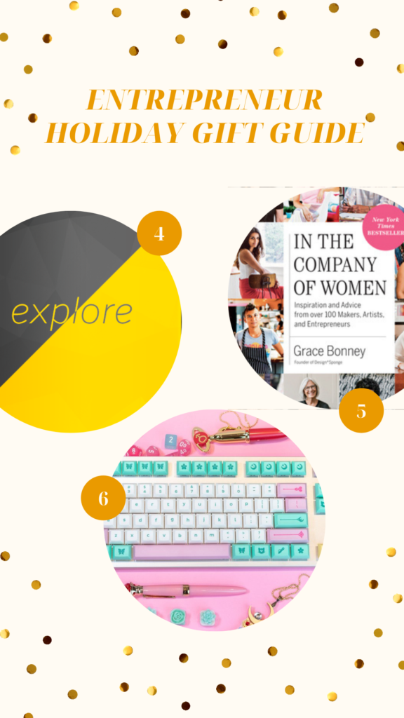Entrepreneur Holiday Gift Guide The image has three circles. The first circle is a black and yellow book cover with the world Explore on it. The second circle is a collage of women on a book cover with the title In The Company of  Women. The third circle is a bright multicolored keyboard with magical symbol keys on it (a moon, wand, heart, and other signs).