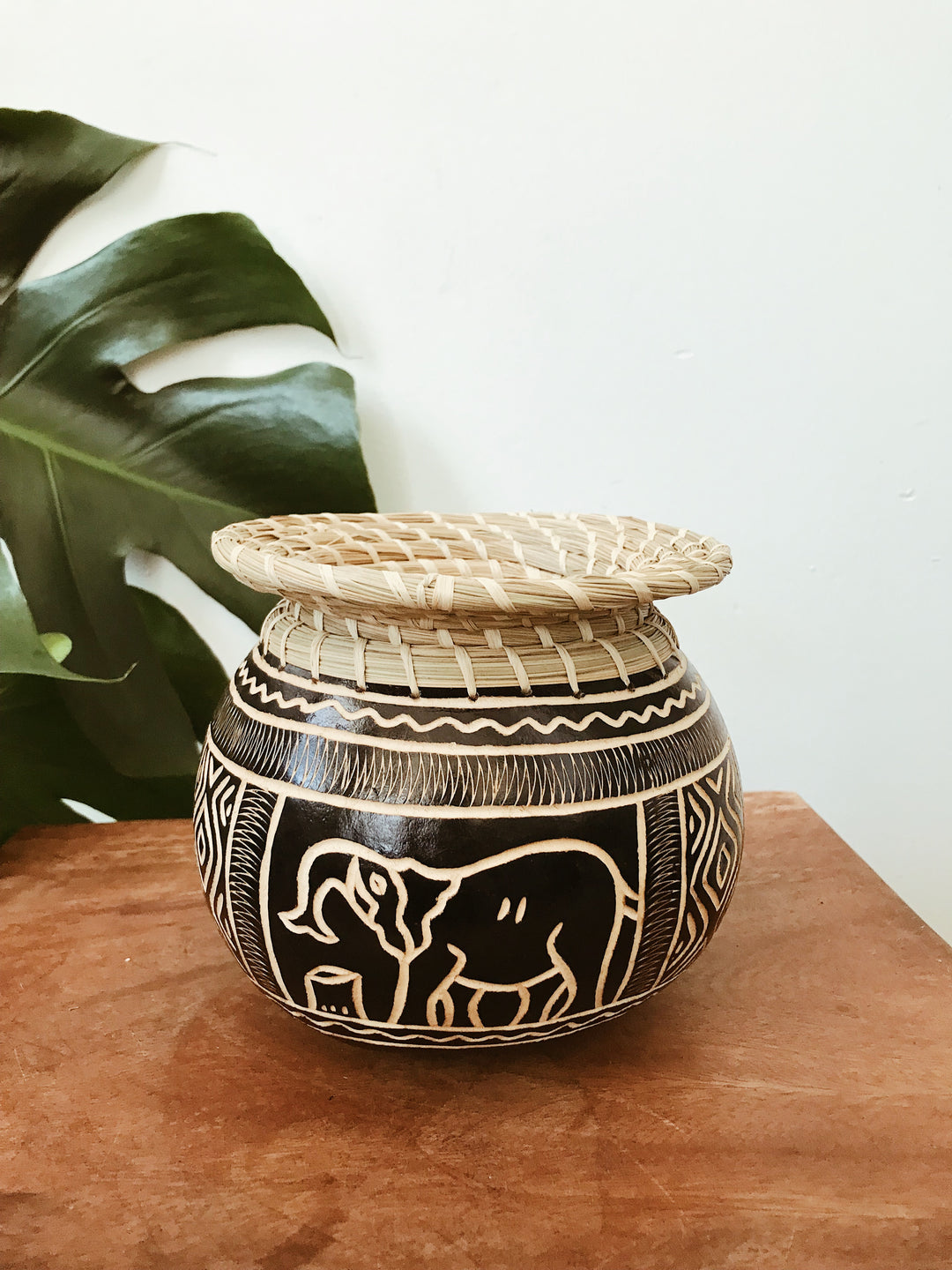 Woven black calabash bowl on table in front of giant monster leaf